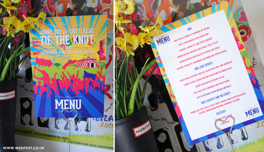 festival themed wedding table menus