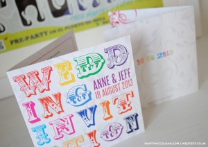 multi colour typography wedding invitations