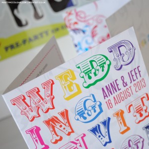 multi colour typography wedding invites