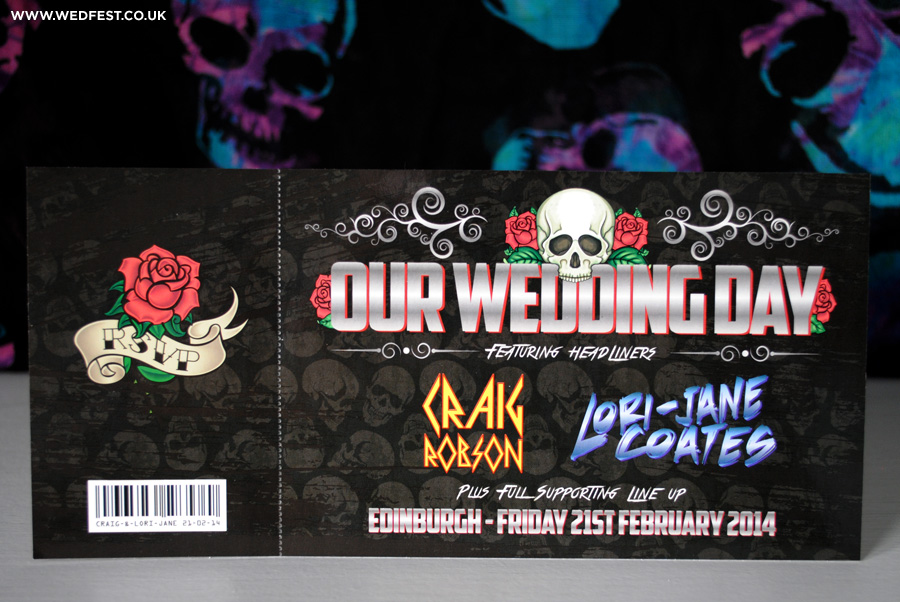 rock and roll skulls roses wedding ticket invitations