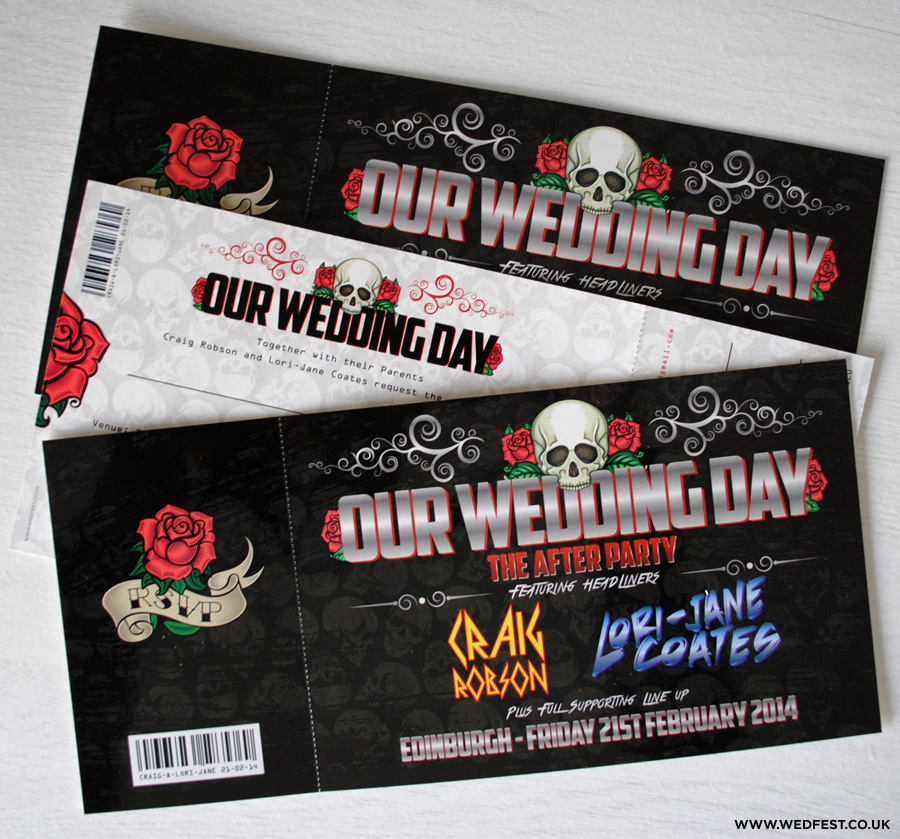 skulls and roses rock n roll wedding invites