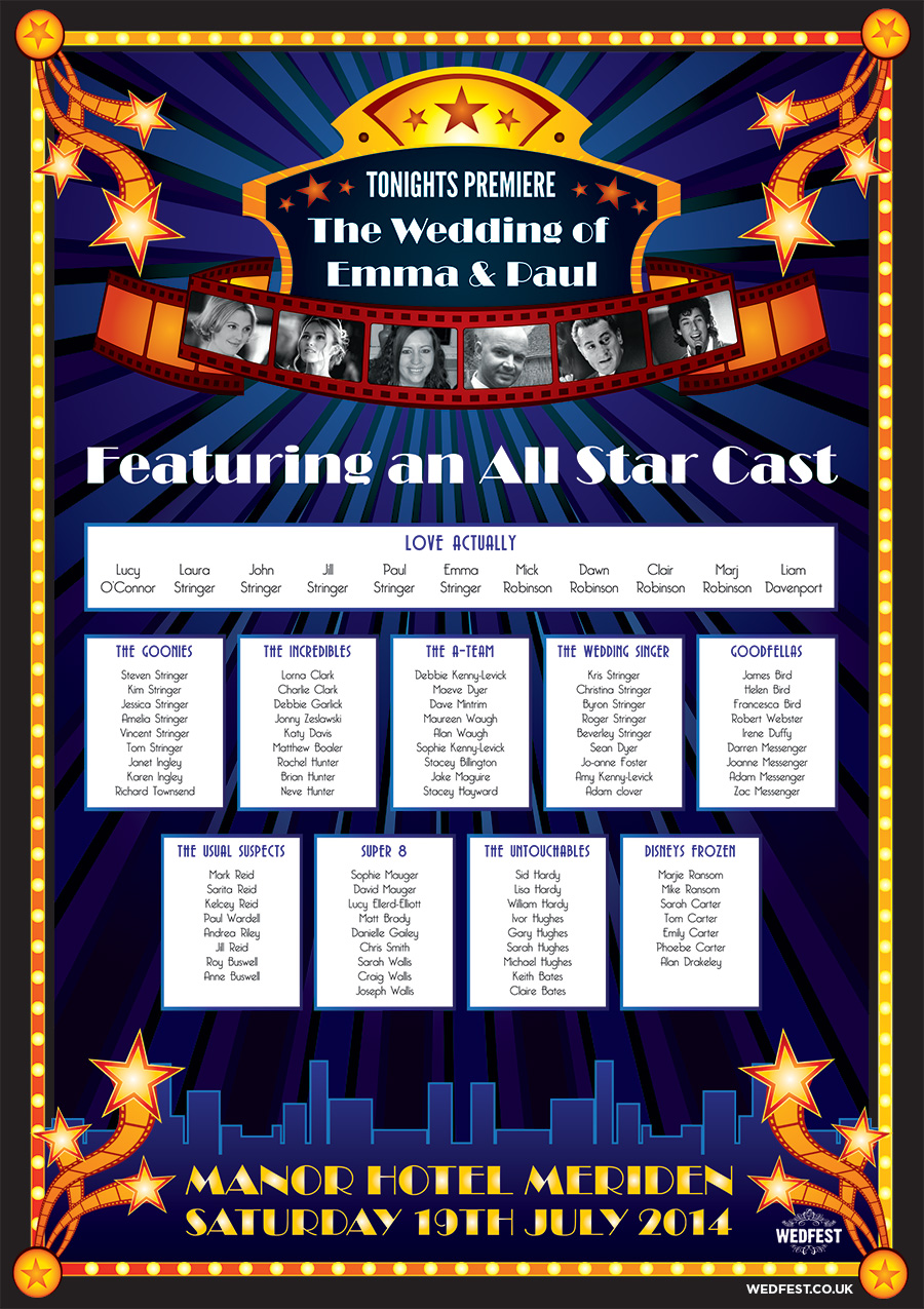 movie themed wedding table plan