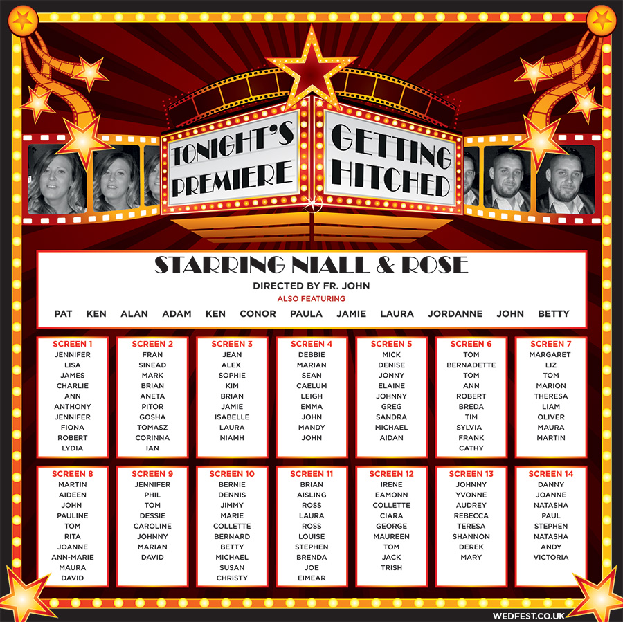 cinema themed wedding table seating plan