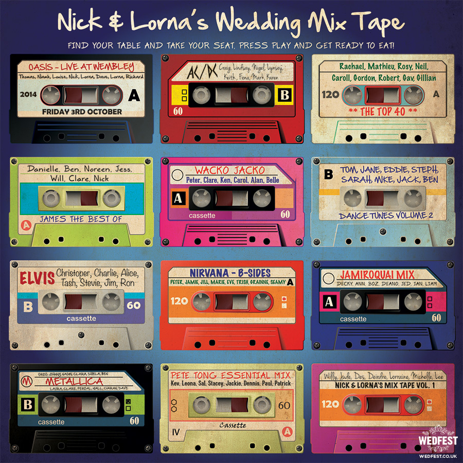 retro cassette tape wedding table seating plan