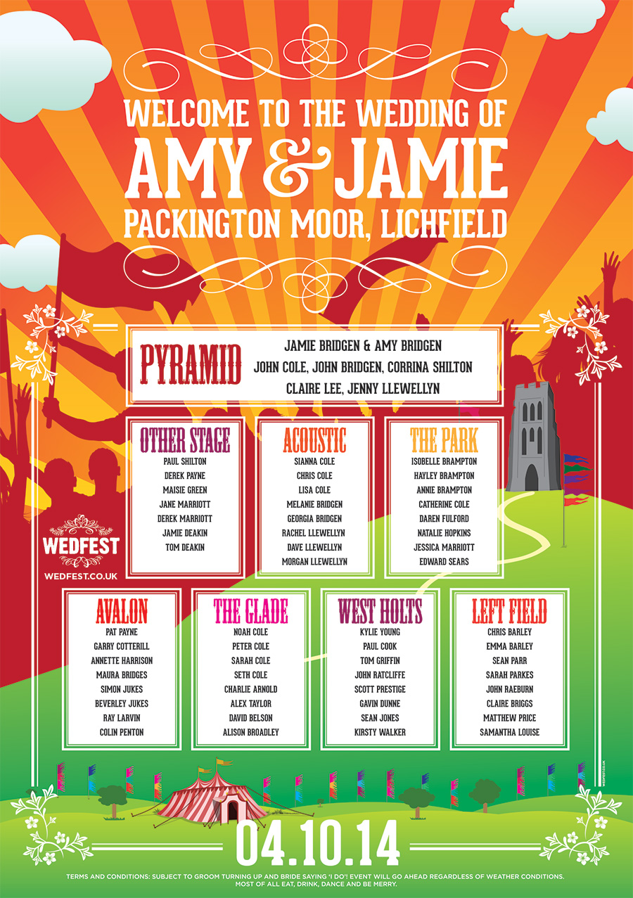 orange colour music festival wedding table plan