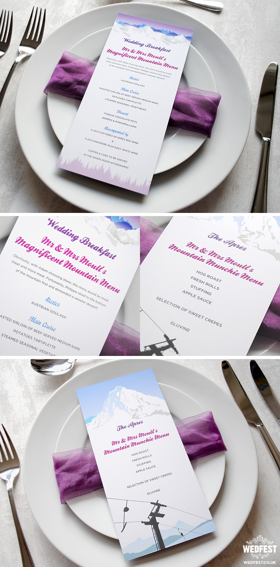 wedding menus winter ski theme wedding