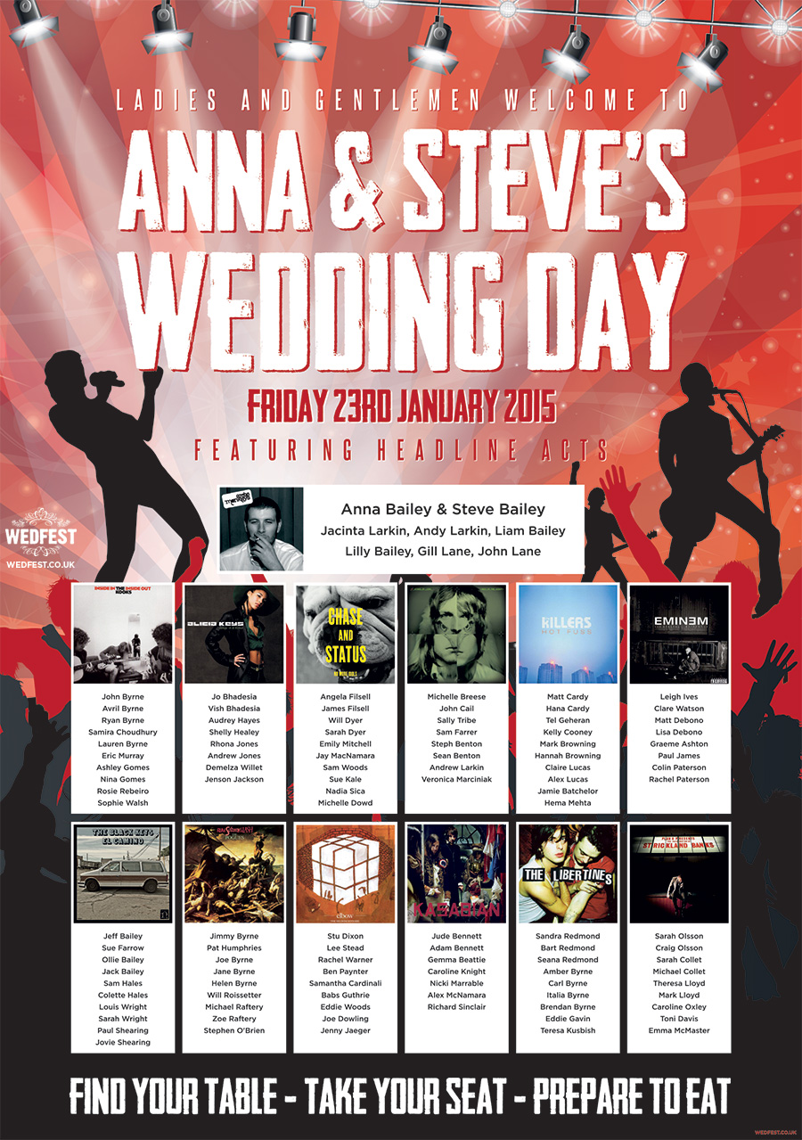 concert themed wedding table plan