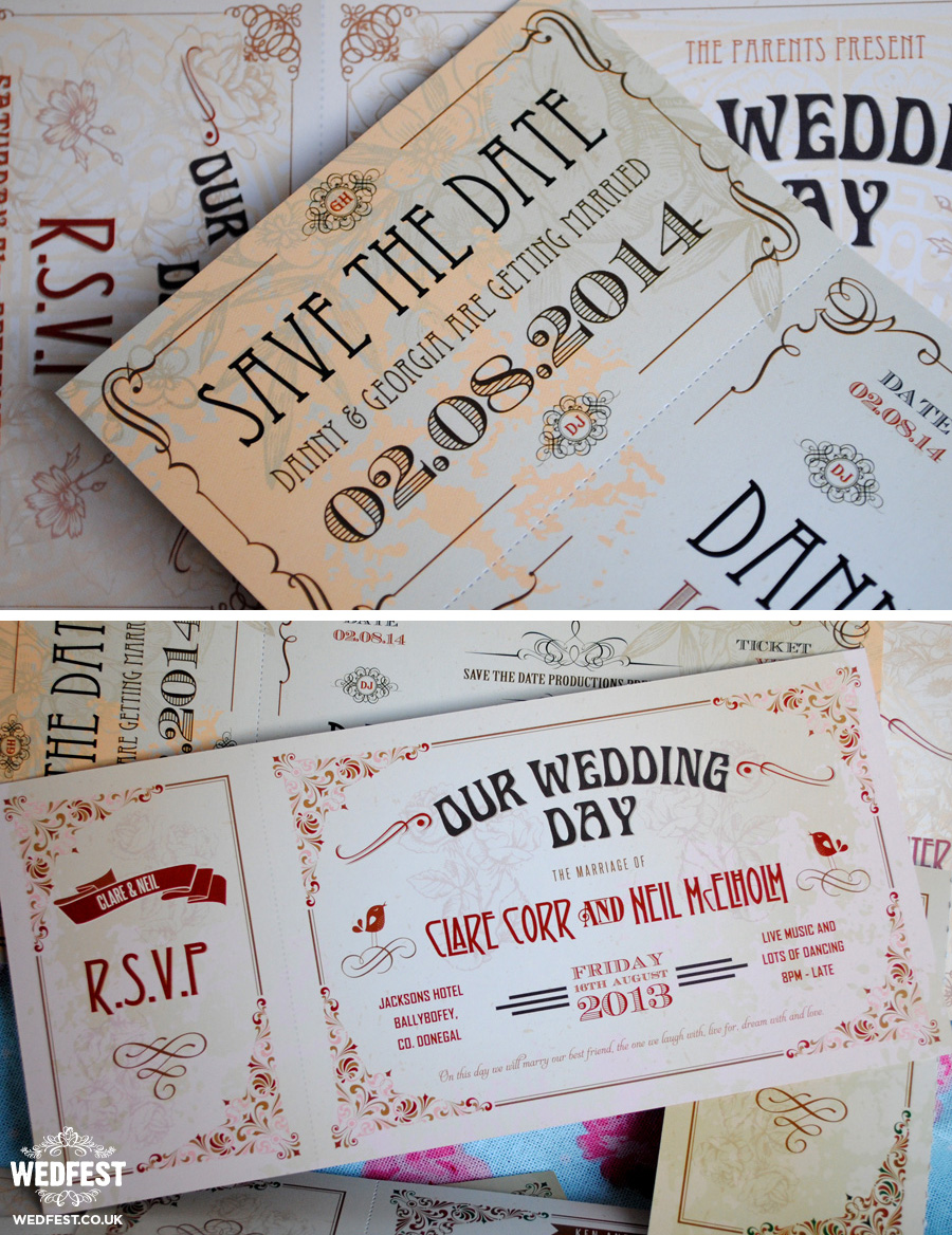 Vintage personalised ticket style wedding invitations 