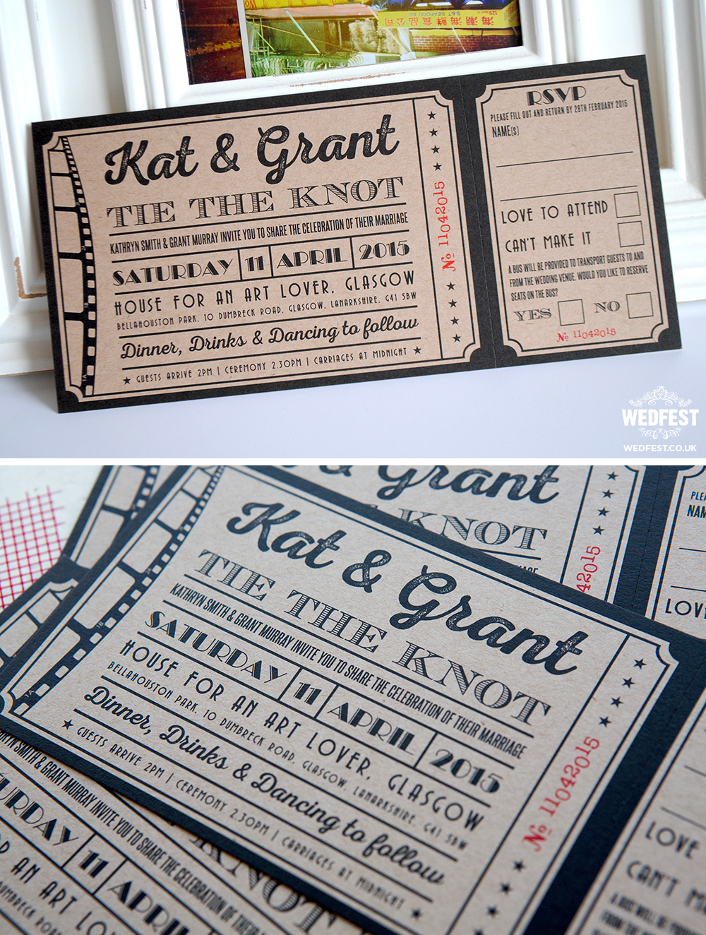 brown kraft card cinema wedding invites