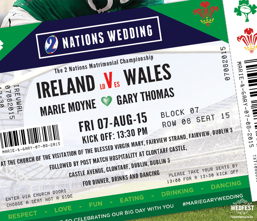 Ireland v Wales Rugby Ticket Wedding Invites