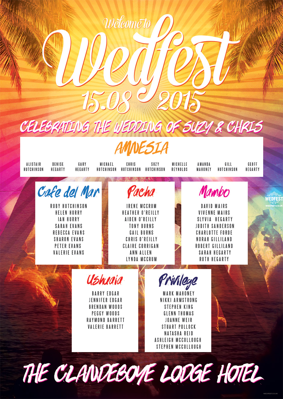 Ibiza Wedfest themed wedding seating plan