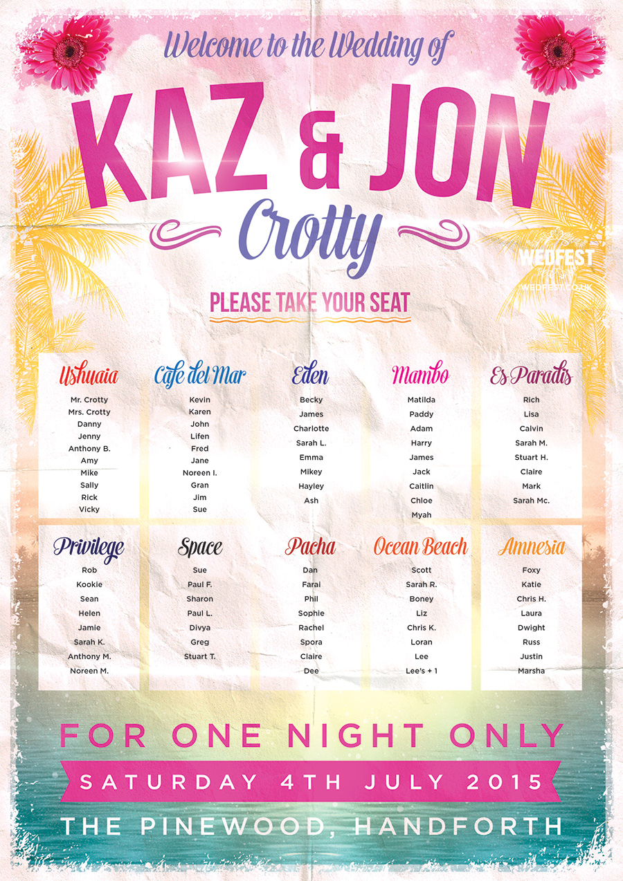 ibiza clubs themed wedding table plan