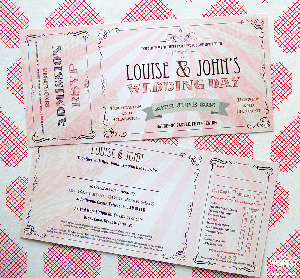 pink vintage chic ticket wedding invitations