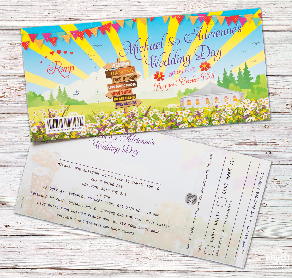 festival ticket wedding invite liverpool cricket club