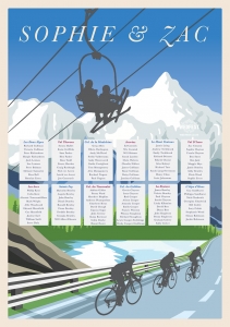 ski and cycling themed wedding table seating plan