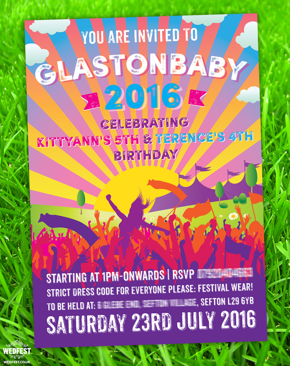 glastonbaby themed festival childrens birthday party invitation