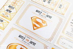 gatsby superhero theme wedding stationery