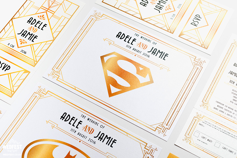 gatsby superhero theme wedding stationery