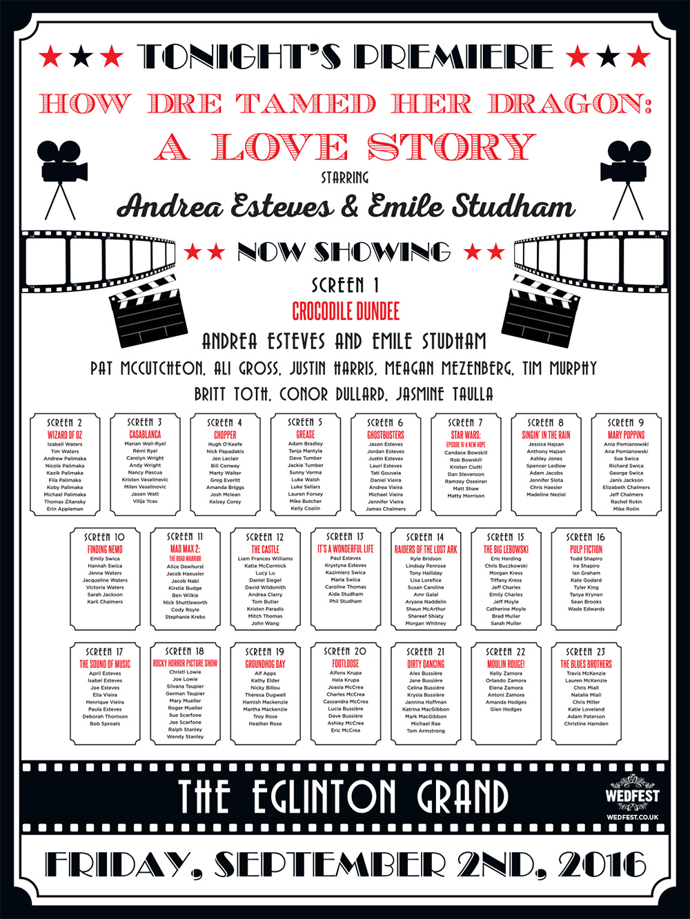 movie names wedding table and seating planner