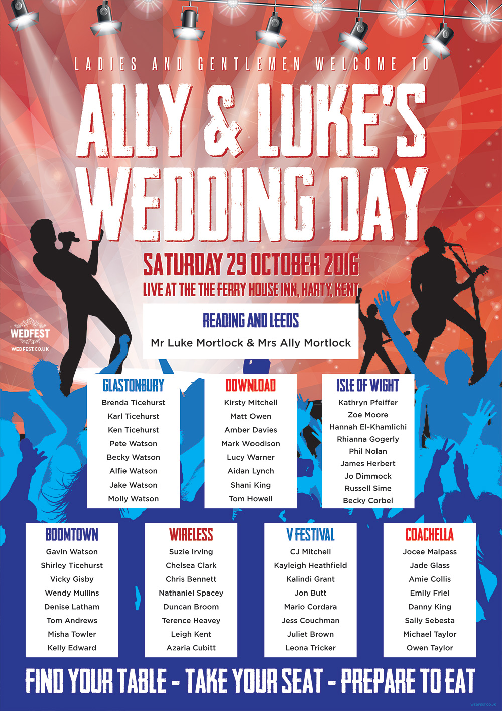 The Ferry House Inn, Harty, Kent Concert Poster Wedding Seating Plan