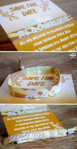 ibiza wedding save the date wristbands