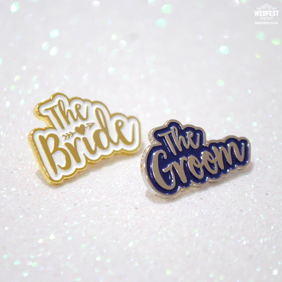 bride and groom wedding pin badges gift set