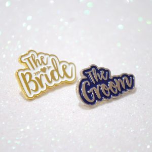 bride and groom pin badges