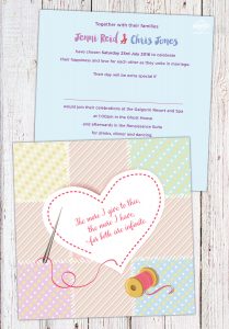 needle and thread stitch wedding invitations