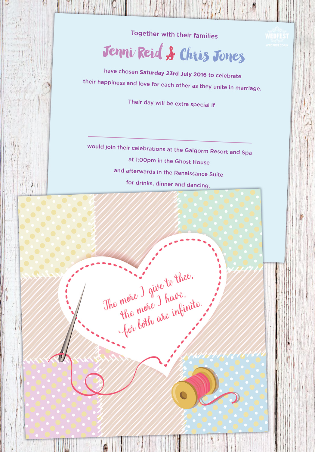 needle and thread stitch wedding invitations