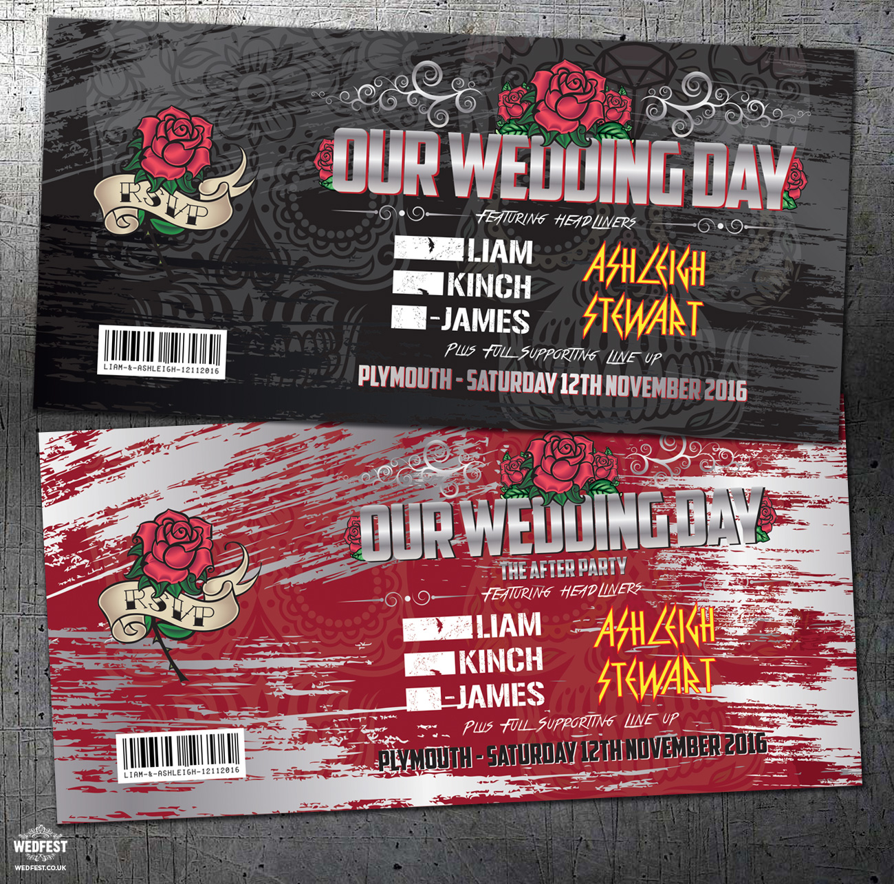 rock concert ticket theme wedding invitations