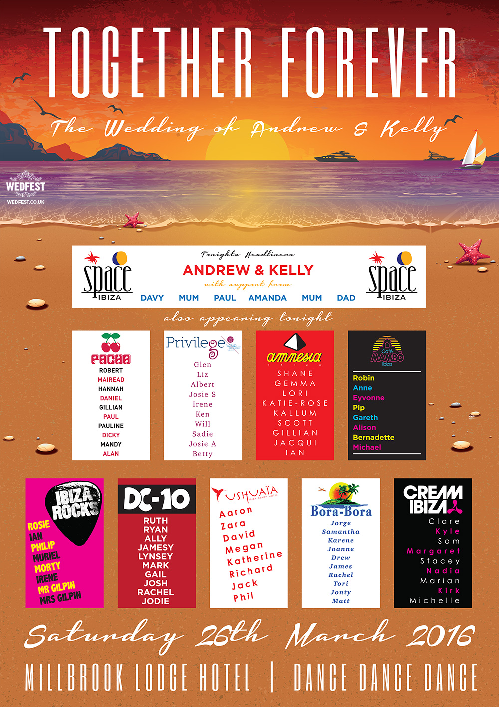 ibiza themed wedding stationery table seating plan chart