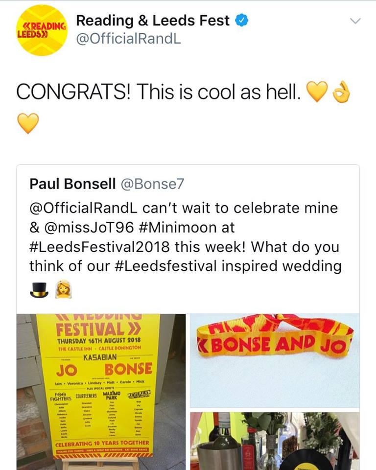 Reading and Leeds festival twitter account showing the love for Bonse & Jo's wedding stationery