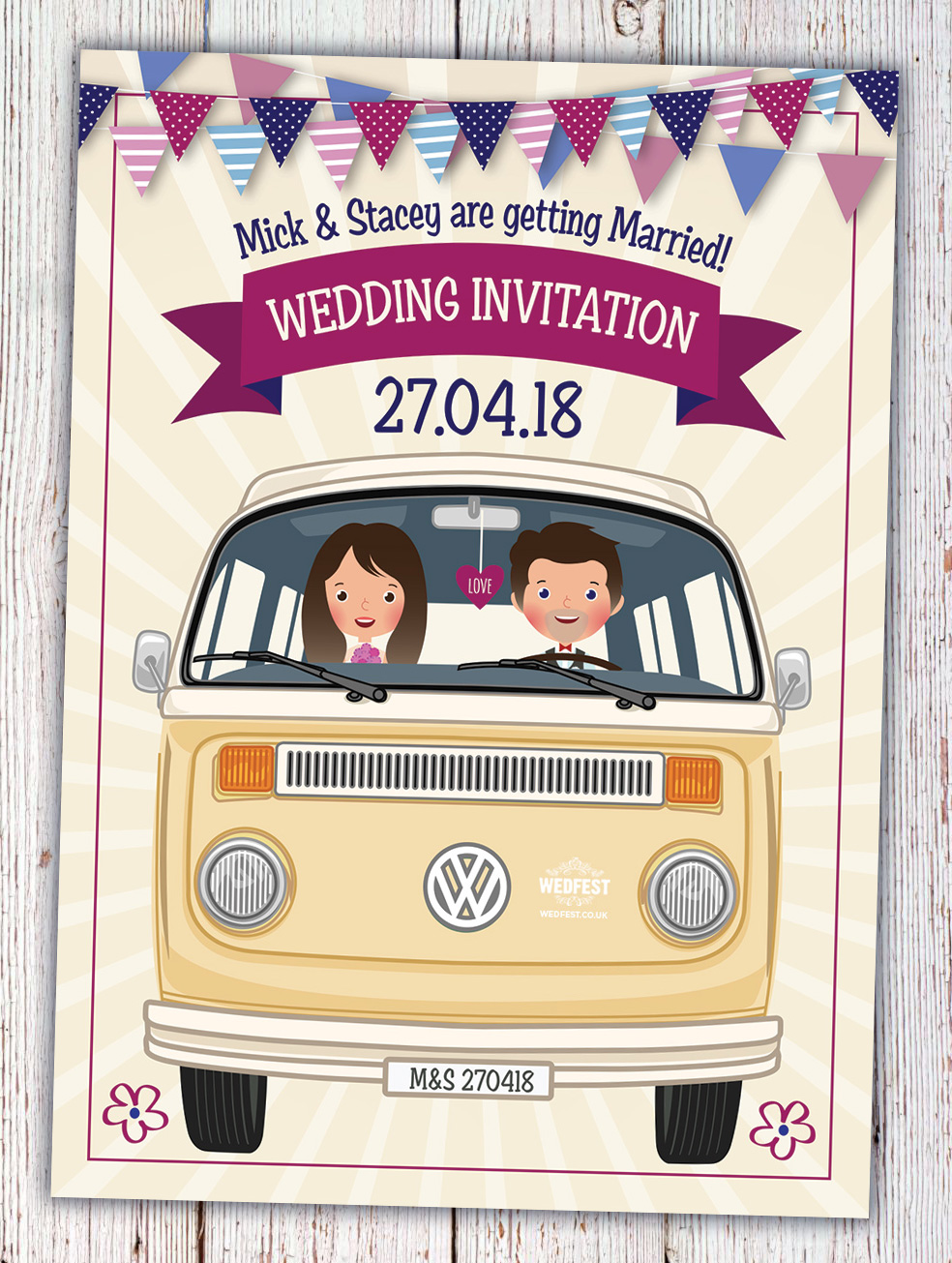 caricature wedding invitation vw van hipster wedding invitation