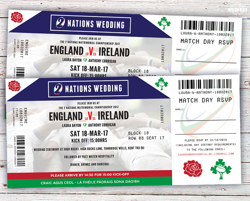 ireland rugby ticket wedding invites