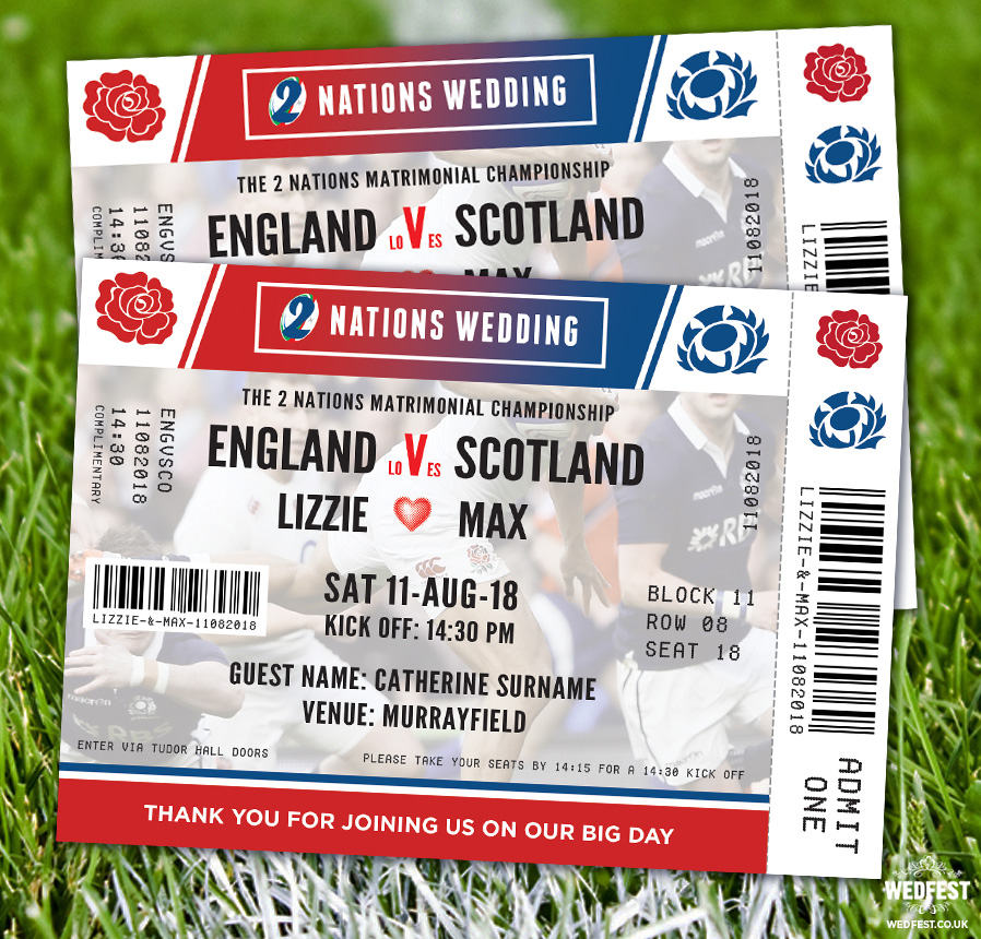 rugby ticket wedding invitations place cards England vs Scotland