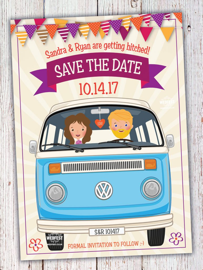 vw camper van festival boho wedding save the dates invites