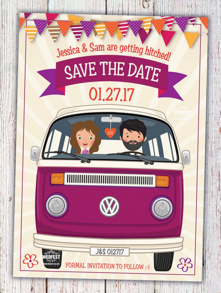 vw camper van festival wedding save the date cards