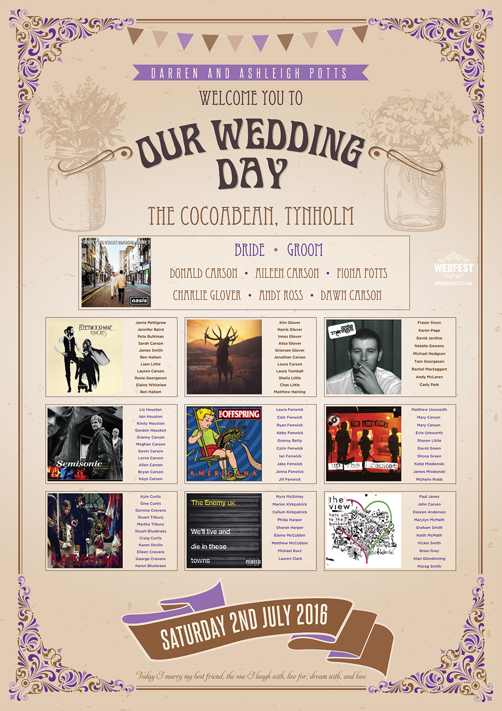 vintage festival chic music wedding seating table plan