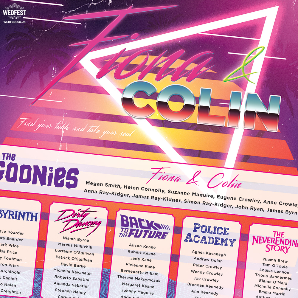 80s movies synthwave outrun neon wedding table plan