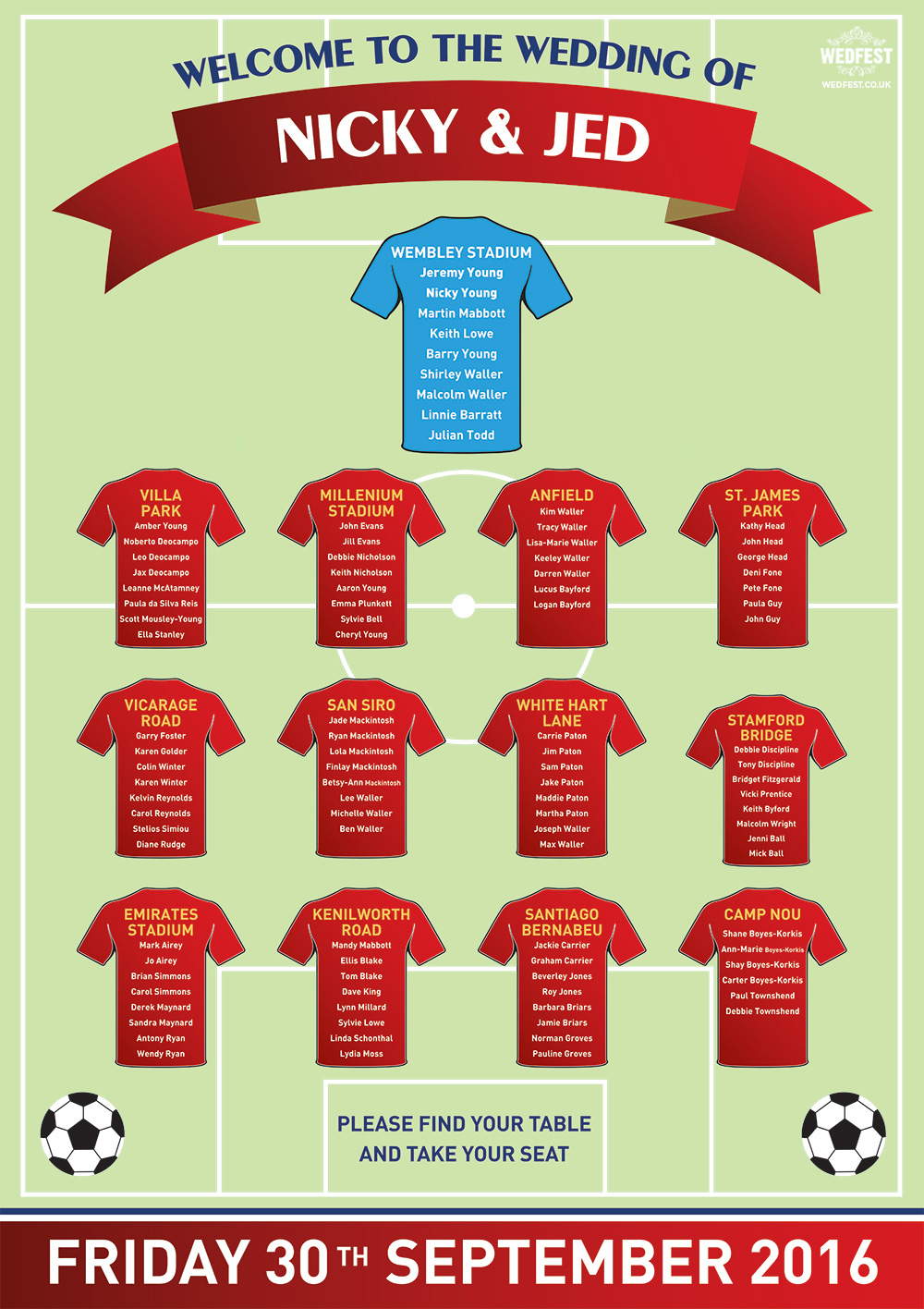 arsenal theme football wedding table plan