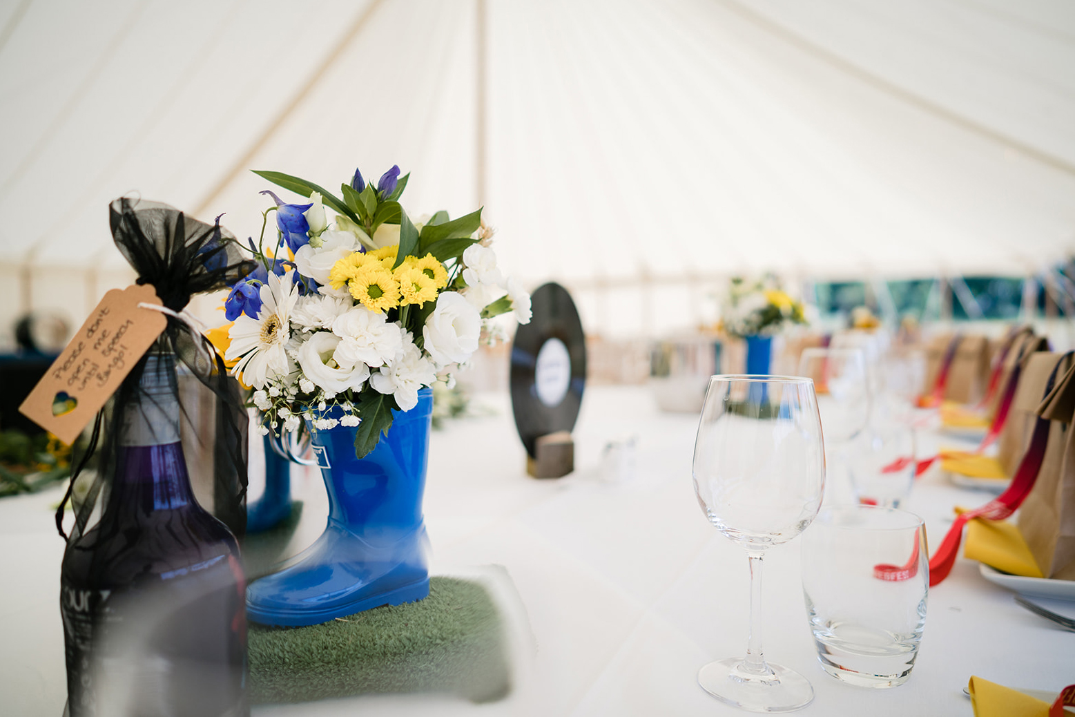 wedfest table decor wellies flowers vinyl records