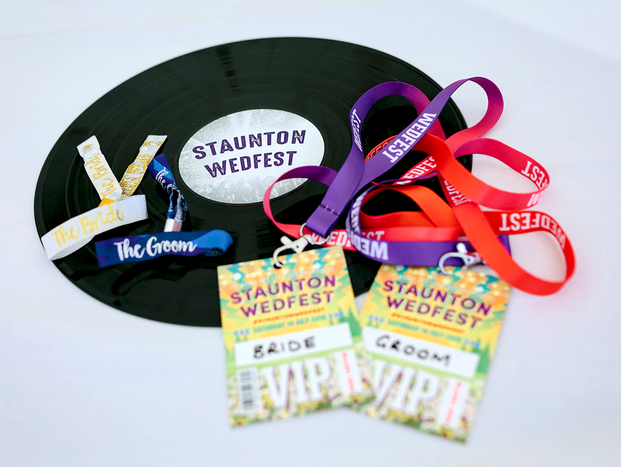 wedfest wristbands vip pass lanyards vinyl record stationery