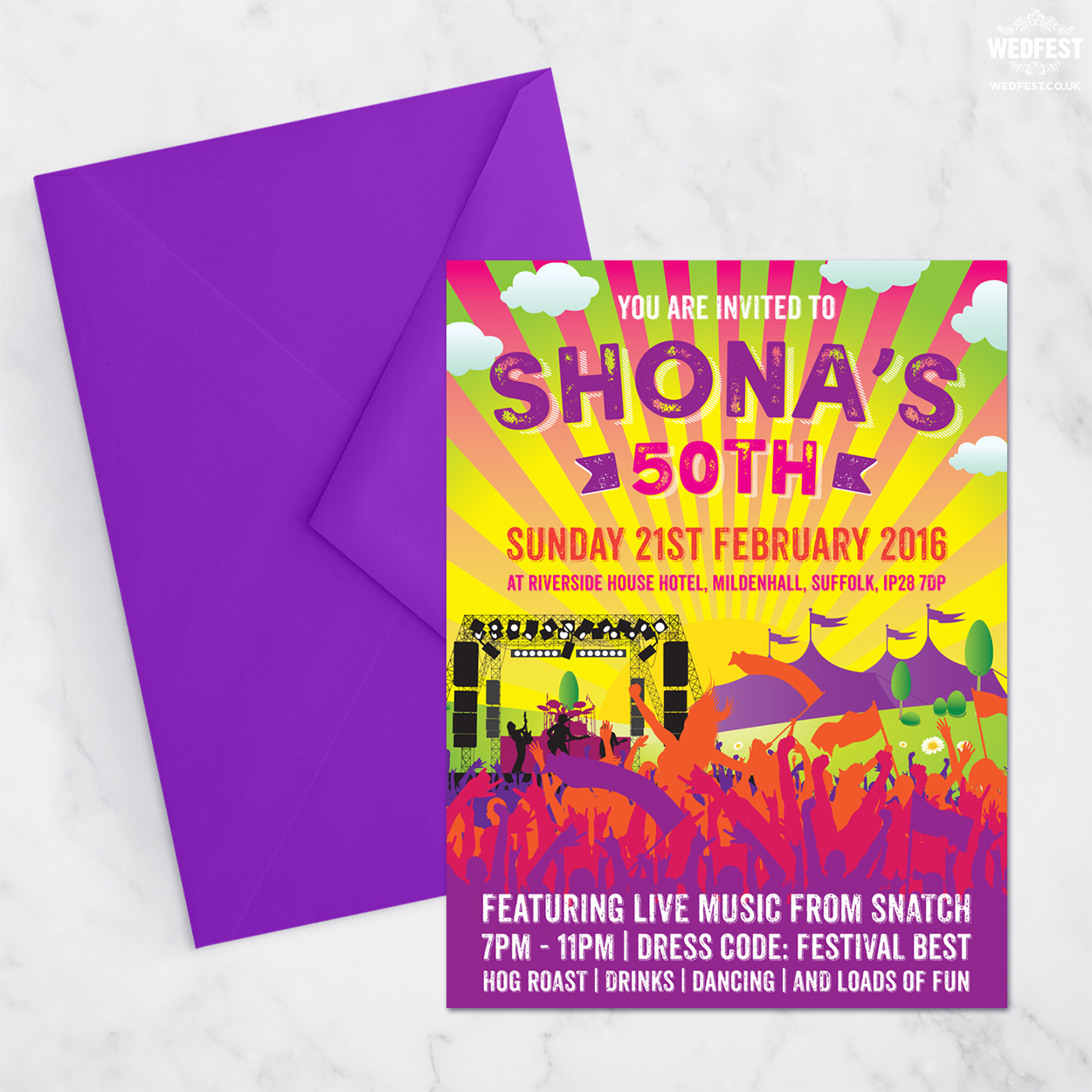 festival themed 50th birthday party invites