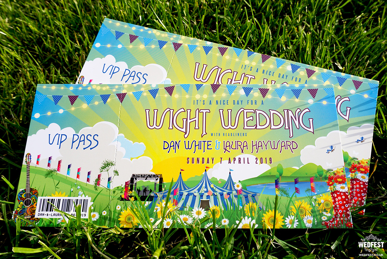 isle of wight festival ticket themed wedding invitations