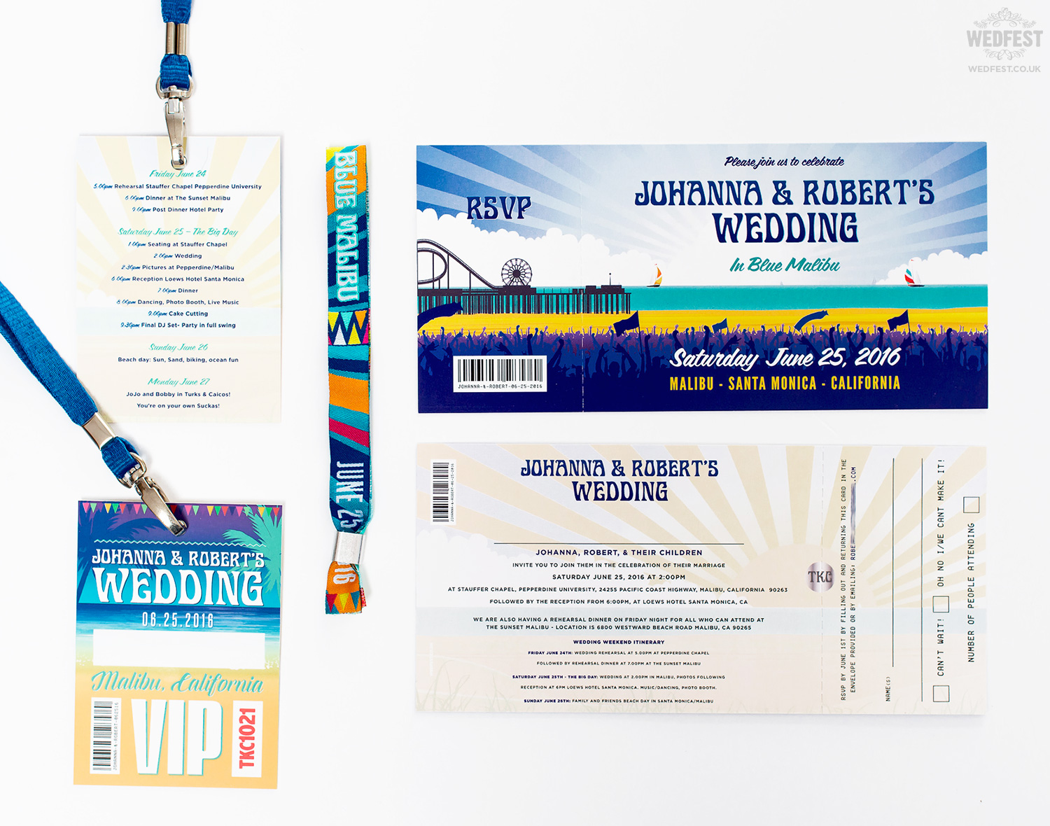 california beach festival wedding invite wristband lanyard