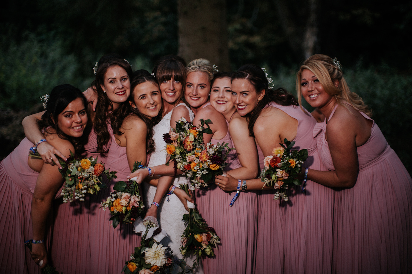 festival wedding bridesmaids bride