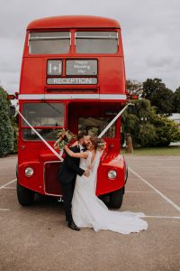 festival wedding red double decker bus