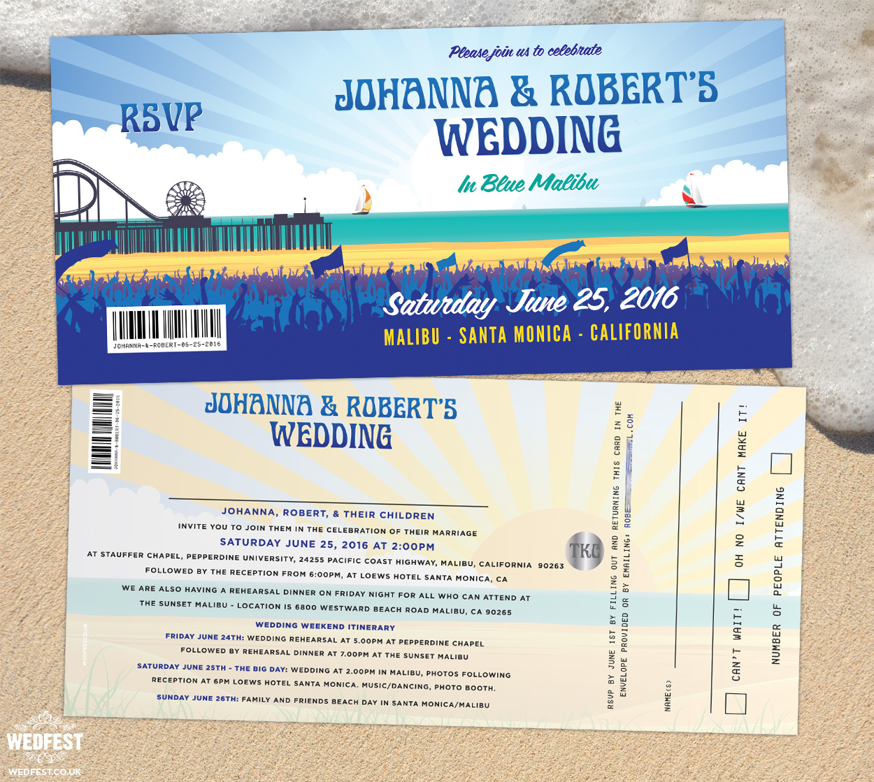 malibu california pier theme wedding invitation