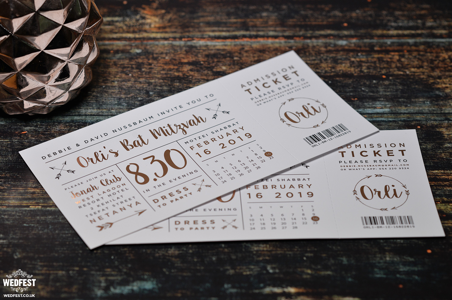 rose gold festival ticket bat mitzvah invitations