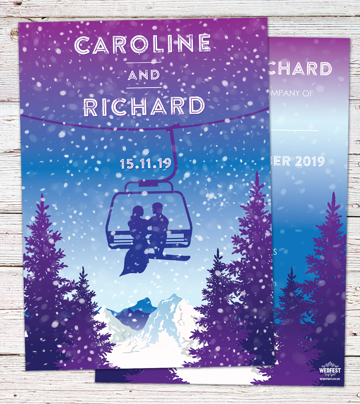 skiing ski lift themed wedding invitations